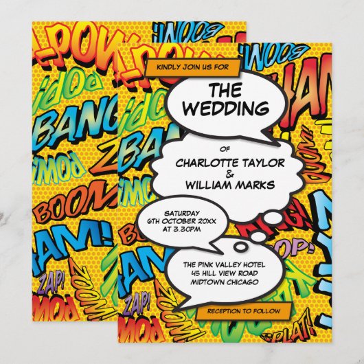Modern Fun Typografic Designer Comic Hochzeit Einladung (Vorne/Hinten)