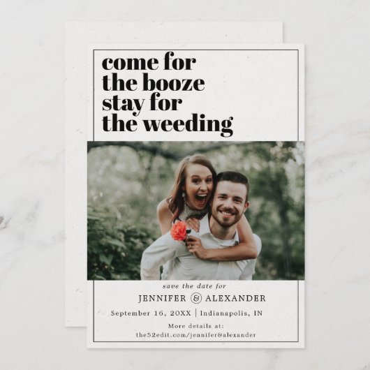 Modern Funny kommt für das Booze Quote Foto Save The Date (Vorne/Hinten)
