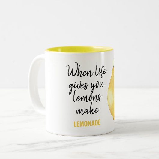Modern Funny Lemon Yellow Zitat Zweifarbige Tasse (Vorderseite Links)