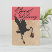 Modern & Funny Stork Baby Girl Dusche Einladung (Stehend Vorderseite)