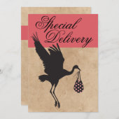 Modern & Funny Stork Baby Girl Dusche Einladung (Vorne/Hinten)