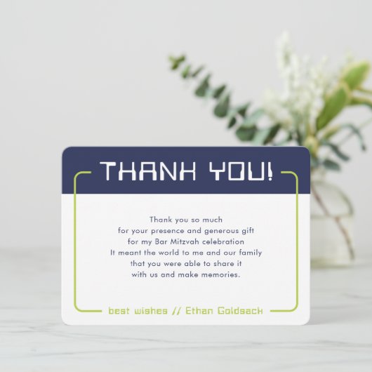 MODERN GAMING THANKS Bar Mitzvah navy blue Lime Dankeskarte (Stehend Vorderseite)