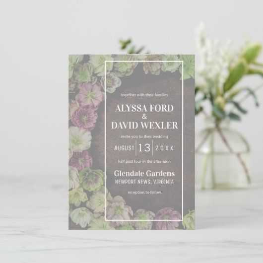 MODERN Garden Hellebore Wood Wedding Einladung (Stehend Vorderseite)