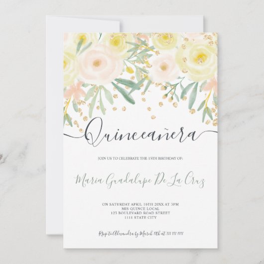 Modern gelbe Rose grünes Blumengold Quinceanera Einladung (Vorderseite)