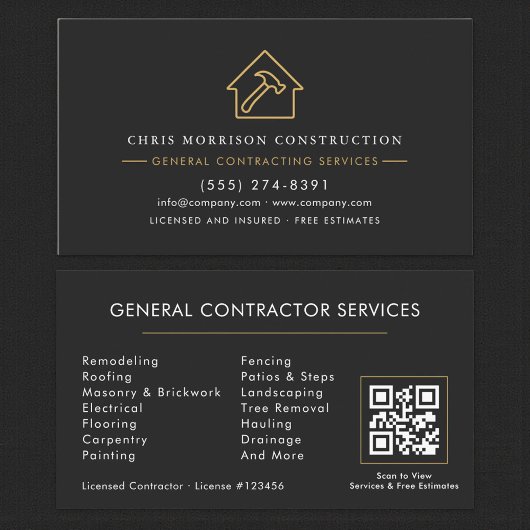 Modern General Contractor Black Gold QR Code Visitenkarte