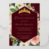 Modern Geo Burgundy Blush Floral Quinceanera Folieneinladung (Vorderseite)
