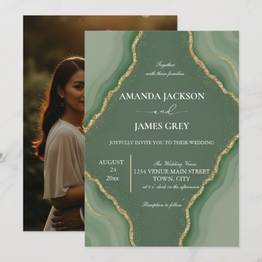 Modern Geode Photo Back Sage Green Wedding Einladung (Vorne/Hinten)