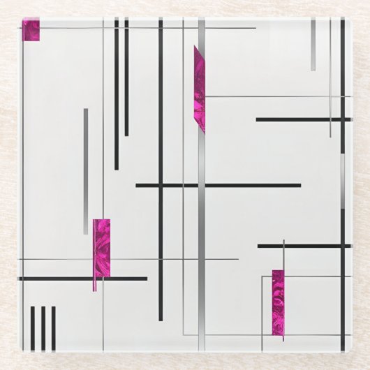 Modern Geometric / Abstract black, silver, Fuschia Glasuntersetzer (Vorderseite)