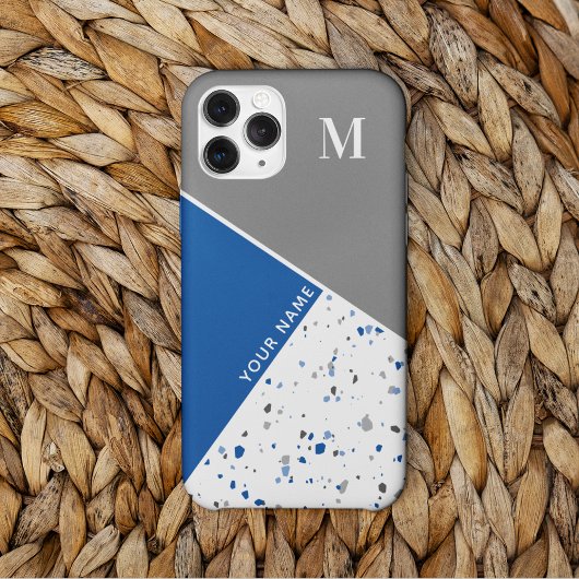 Modern Geometric Blue Gray Terrazzo Monogram Case-Mate iPhone Hülle