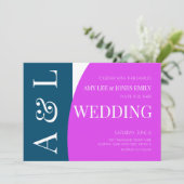 Modern Geometric Blue Magenta Bright Wedding Einladung (Stehend Vorderseite)