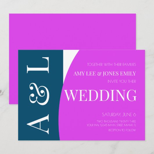 Modern Geometric Blue Magenta Bright Wedding Einladung (Vorne/Hinten)