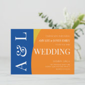 Modern Geometric Blue Mustard Bright Wedding Einladung (Stehend Vorderseite)