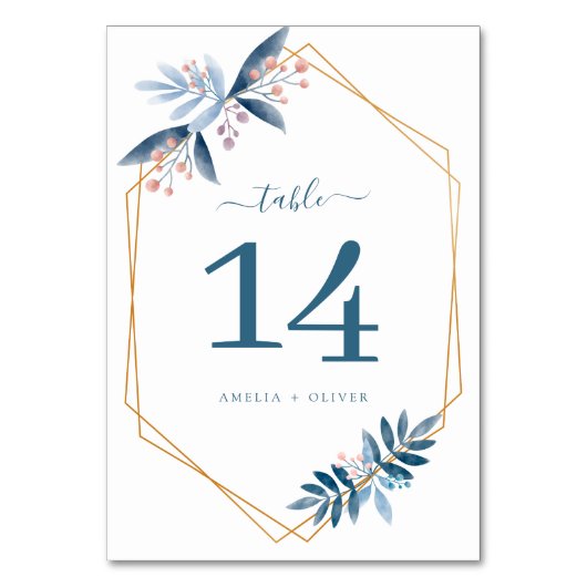 Modern Geometric Dusty Blue Greenery Wedding Tischnummer (Rückseite)