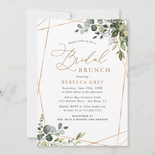 Modern Geometric Gold Greenery Bridal Brunch Einladung (Vorderseite)