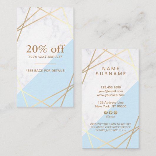 Modern Geometric Gold Marble Blue Coupon Vertikal Visitenkarte (Vorne/Hinten)
