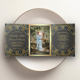 Modern Geometric Gray Gold Mandala Indian Wedding Dreifach Gefaltete Einladung