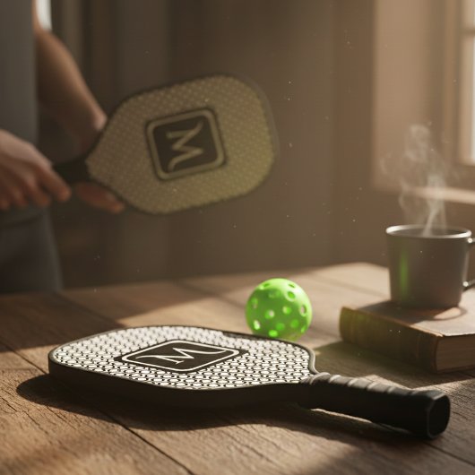 Modern Geometric Monogram Black White Pickleball Schläger