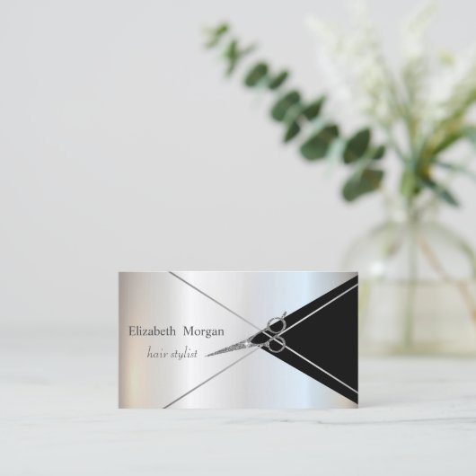 Modern Geometric Silver Stripes Glitter Scissors Visitenkarte (Stehend Vorderseite)