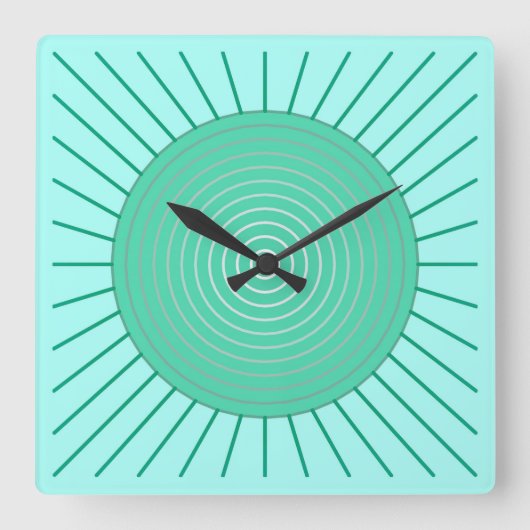 Modern Geometric Sunburst - Aqua and Seafoam Green Quadratische Wanduhr (Vorderseite)