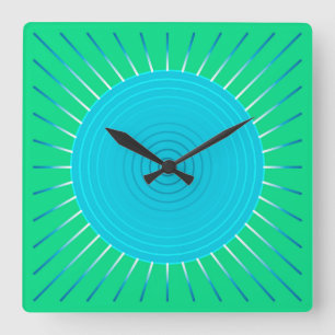 Modern Geometric Sunburst - Blau und Jade Grün Quadratische Wanduhr