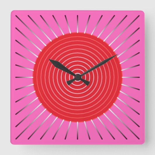 Modern Geometric Sunburst - Fuchsia and Red Quadratische Wanduhr (Vorderseite)