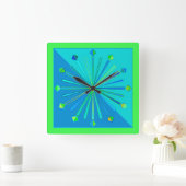 Modern Geometric Sunburst, Turquoise & Lime Green Quadratische Wanduhr (Zuhause)