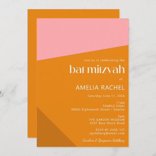 Modern geometrisch rosa Burnt Orange Bat Mitzvah Einladung (Vorne/Hinten)