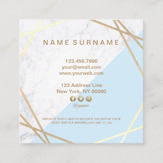 Modern Geometrisches Gold-Marmor-Pastell Blue Coup Quadratische Visitenkarte (Rückseite)