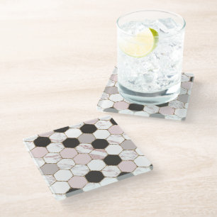 Modern geometrisches Marble Hexagon-Muster Glasuntersetzer