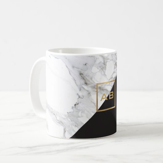 Modern geometrisches Marmor/Schwarz-Monogramm-Logo Kaffeetasse (Vorderseite Links)