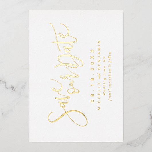 Modern geschriebenes Gold-Script Save the Date ein Folieneinladung (Vorderseite)
