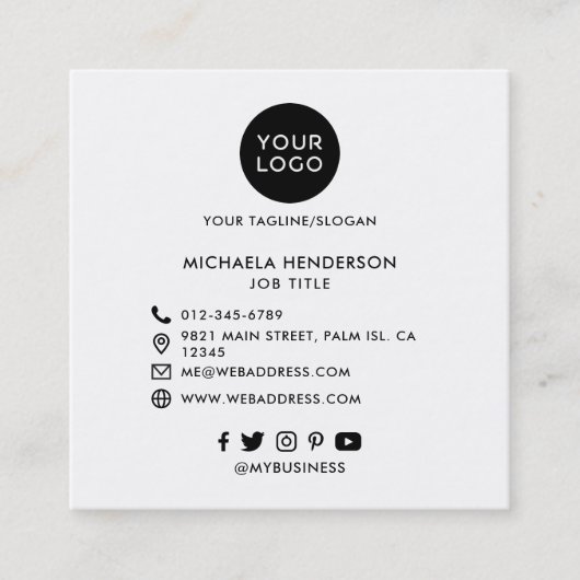Modern gestaltete Logos, 4 Fotos und Social Media Quadratische Visitenkarte (Vorderseite)