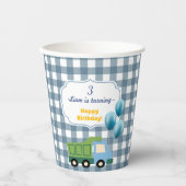 Modern Gingham Blue Construction 3rd Birthday  Pappbecher (Vorderseite)