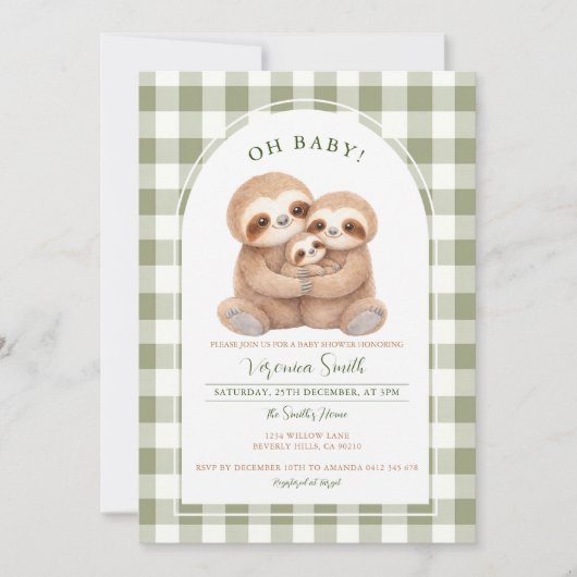 Modern Gingham Family Sloth Baby Shower Invitation Einladung (Vorderseite)
