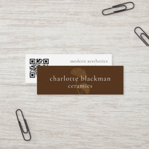 Modern Gingko Leaf QR Code Mini Brown Biz Card Visitenkarte