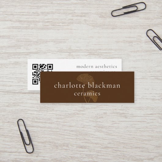 Modern Gingko Leaf QR Code Mini Brown Biz Card Visitenkarte (Vorderseite/Rückseite Beispiel)