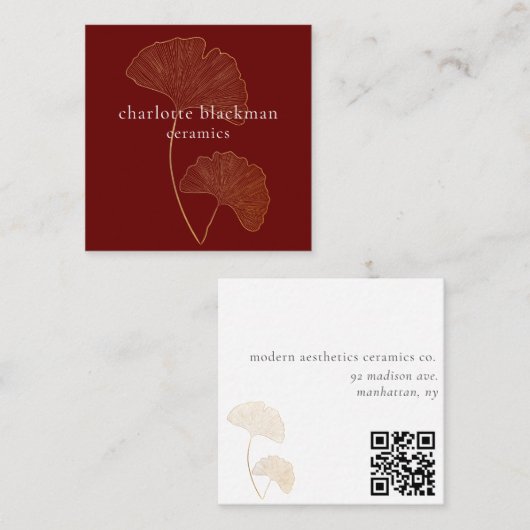 Modern Gingko Leaf QR Code Red Square Card Quadratische Visitenkarte (Vorne/Hinten)