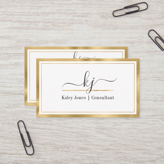 Modern Girl 2 Monogram Script Gold White Visitenkarte (Vorderseite/Rückseite Beispiel)