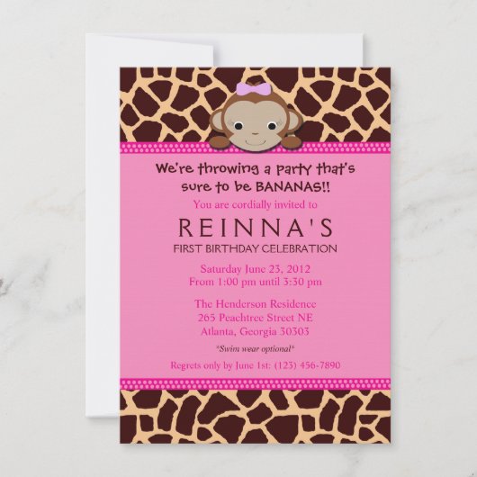 Modern Girl Monkey Invitation [Rosa] Einladung (Vorderseite)