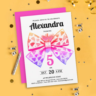 Modern Girl Pink Gradient Bow Watercolor Geburtsta Einladung