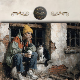 Modern Girl with Cat Urban Decoupage Seidenpapier