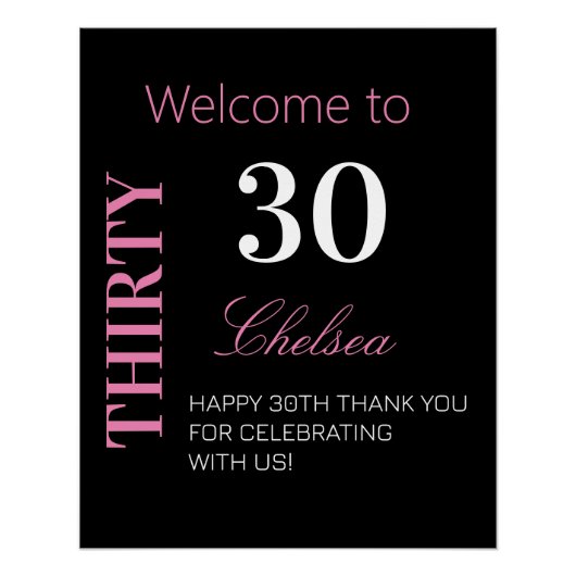 Modern Girly 30. Geburtstag Schwarzes Rosa Willkom Poster (Vorderseite)