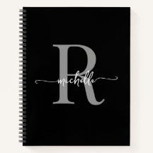 Modern Girly Black Grey Script Monogram Name