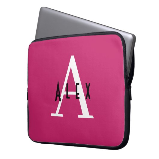 Modern Girly Bright Pink Monogram Initial + Name Laptopschutzhülle (Vorderseite Links)
