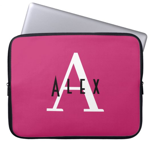 Modern Girly Bright Pink Monogram Initial + Name Laptopschutzhülle (Vorderseite)