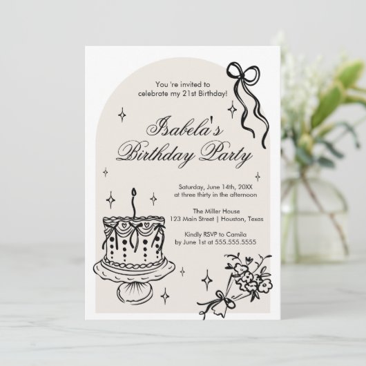 Modern girly doodle Birthday Invitation Einladung (Stehend Vorderseite)