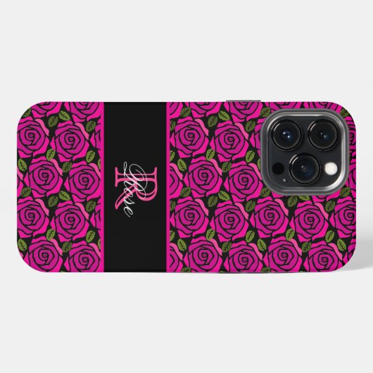 Modern Girly Hot Pink Roses Custom Name Monogram  iPhone Hülle (Rückseite (Horizontal))