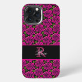 Modern Girly Hot Pink Roses Custom Name Monogram  iPhone Hülle (Rückseite)