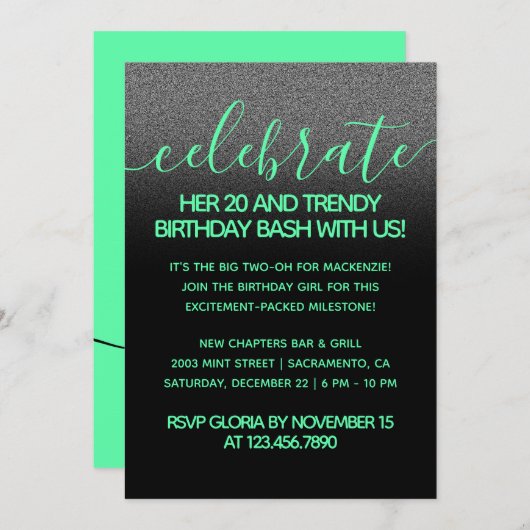 Modern Girly Mint Green 20 und Trendy Birthday Einladung (Vorne/Hinten)