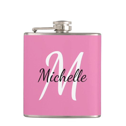 Modern Girly Pink Monogram Name + Initial Flachmann (Vorderseite)
